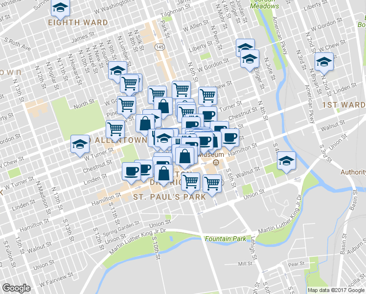 map of restaurants, bars, coffee shops, grocery stores, and more near 2 North Hall Street in Allentown