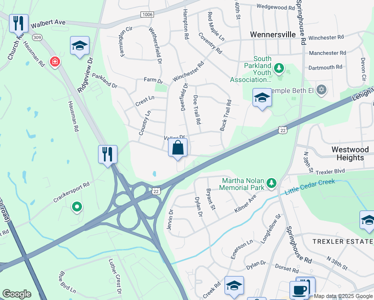 map of restaurants, bars, coffee shops, grocery stores, and more near 1202 Deerfield Drive in Allentown
