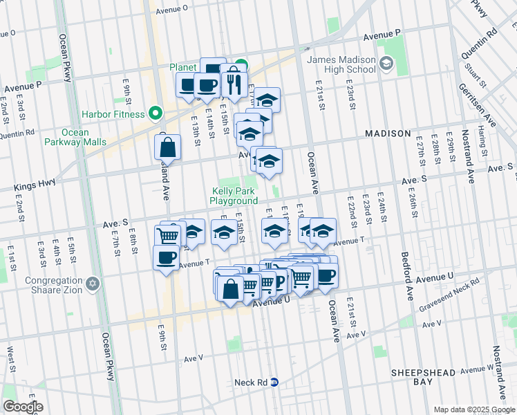 map of restaurants, bars, coffee shops, grocery stores, and more near 1610 Avenue S in Brooklyn