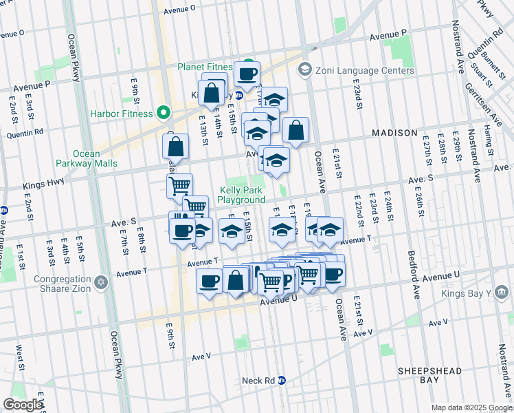 map of restaurants, bars, coffee shops, grocery stores, and more near 1610 Avenue S in Brooklyn