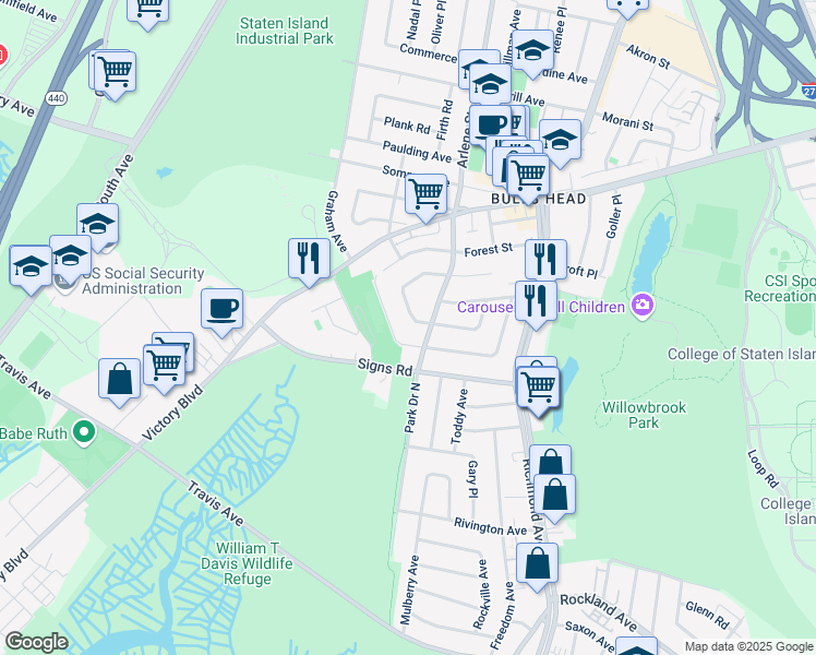 map of restaurants, bars, coffee shops, grocery stores, and more near 101 Dawson Circle in Staten Island