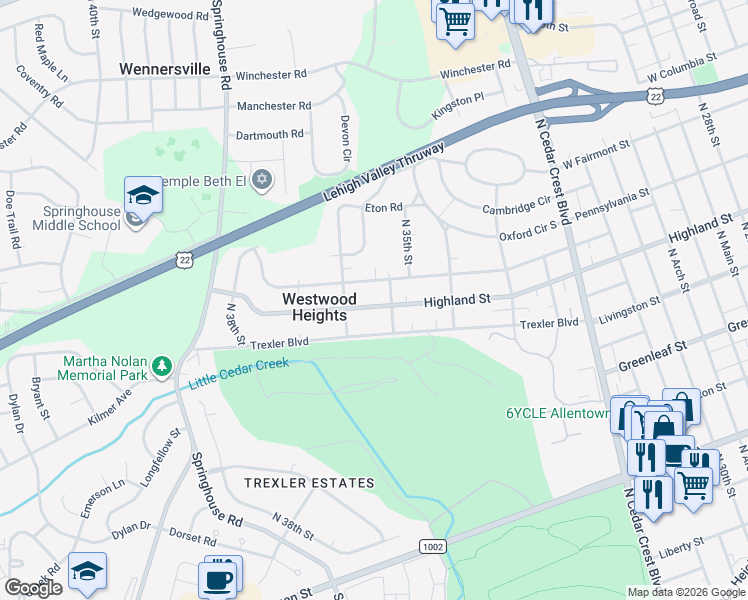 map of restaurants, bars, coffee shops, grocery stores, and more near 3517 West Highland Street in Allentown