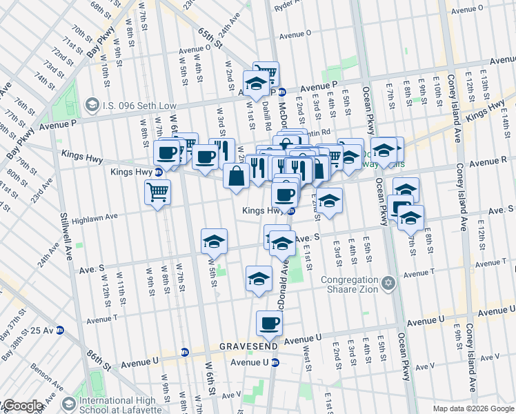 map of restaurants, bars, coffee shops, grocery stores, and more near 33 Van Sicklen Street in Brooklyn