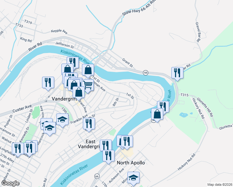 map of restaurants, bars, coffee shops, grocery stores, and more near 259 Sherman Avenue in Vandergrift