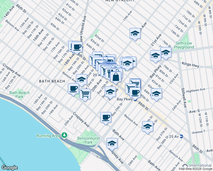 map of restaurants, bars, coffee shops, grocery stores, and more near 29 Bay 25th Street in Brooklyn
