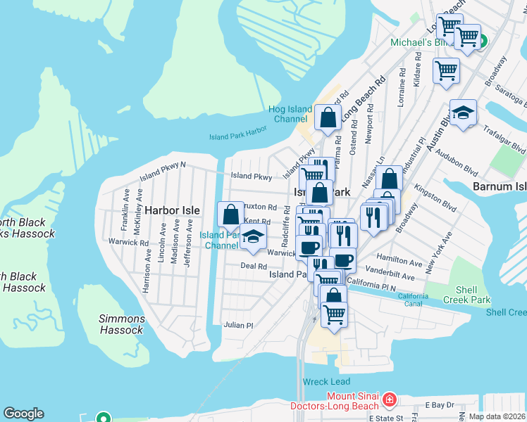 map of restaurants, bars, coffee shops, grocery stores, and more near 39 Truxton Road in Island Park