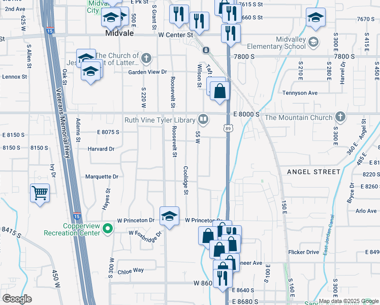 map of restaurants, bars, coffee shops, grocery stores, and more near 8145 Coolidge Street in Midvale