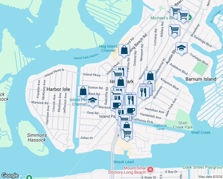 map of restaurants, bars, coffee shops, grocery stores, and more near 167 Radcliffe Road in Island Park
