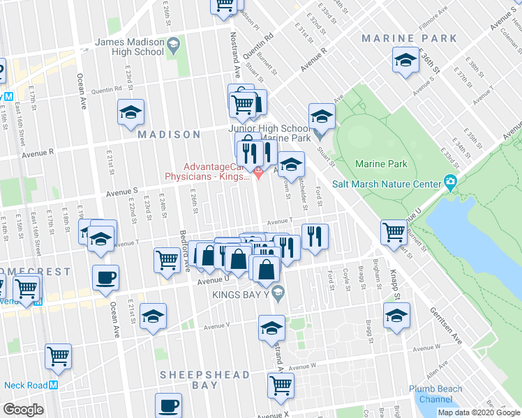 map of restaurants, bars, coffee shops, grocery stores, and more near 3315a Nostrand Avenue in Brooklyn