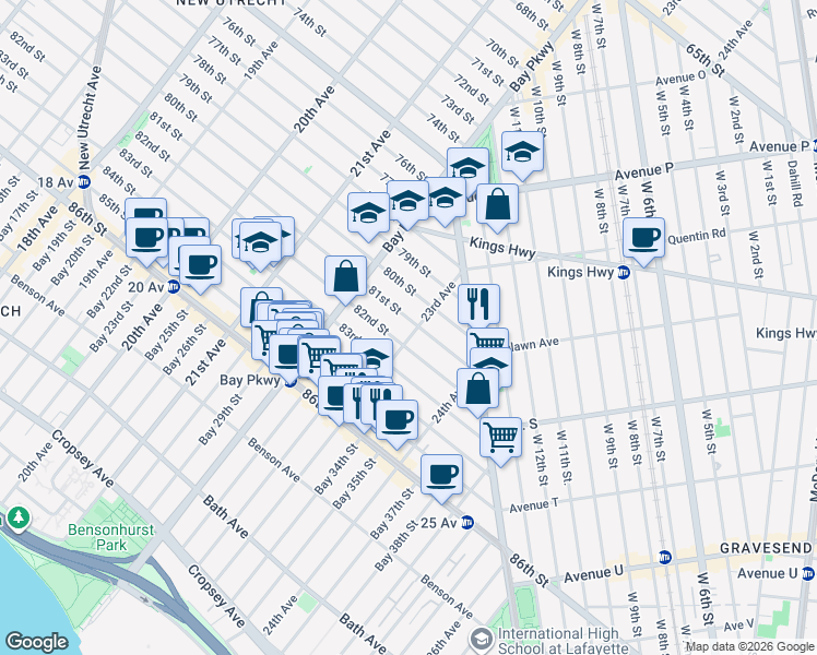 map of restaurants, bars, coffee shops, grocery stores, and more near 2274 81 Street in Brooklyn