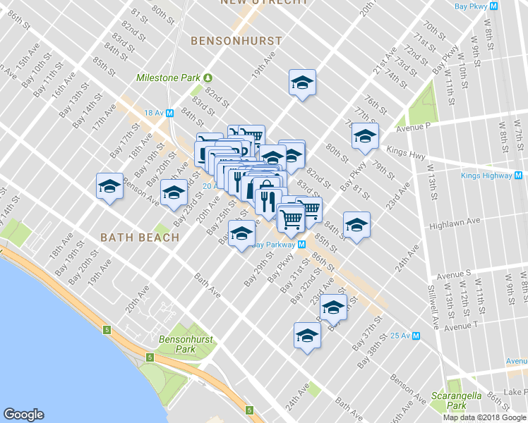 map of restaurants, bars, coffee shops, grocery stores, and more near 2071 86th Street in Brooklyn