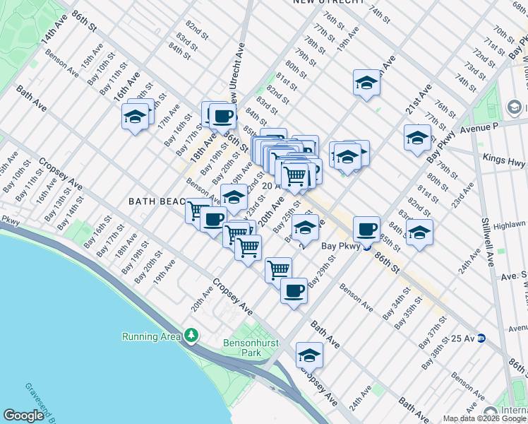 map of restaurants, bars, coffee shops, grocery stores, and more near 8656A 20th Avenue in Brooklyn