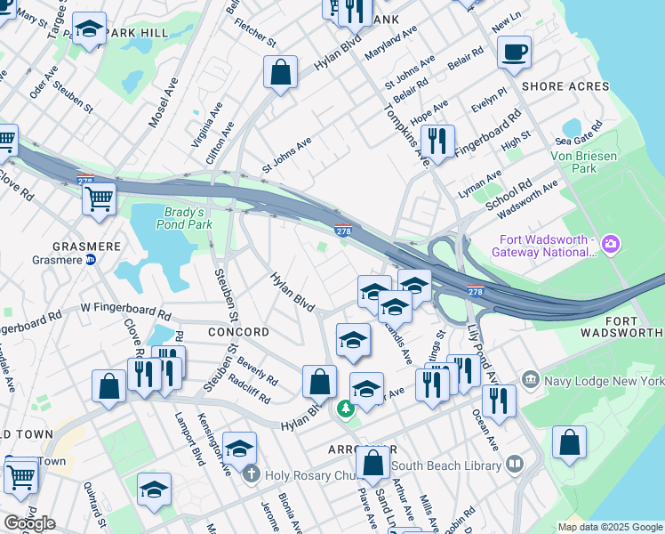 map of restaurants, bars, coffee shops, grocery stores, and more near 51 Claradon Lane in Staten Island