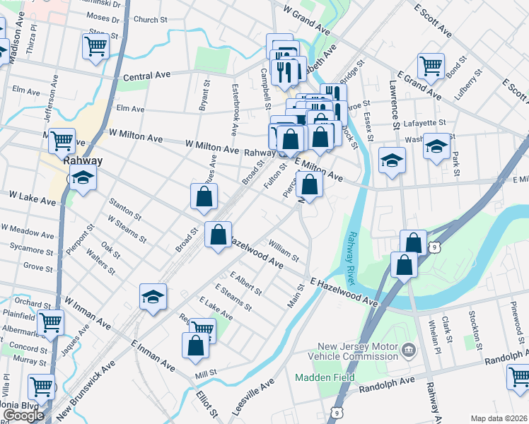 map of restaurants, bars, coffee shops, grocery stores, and more near 127 East Emerson Avenue in Rahway