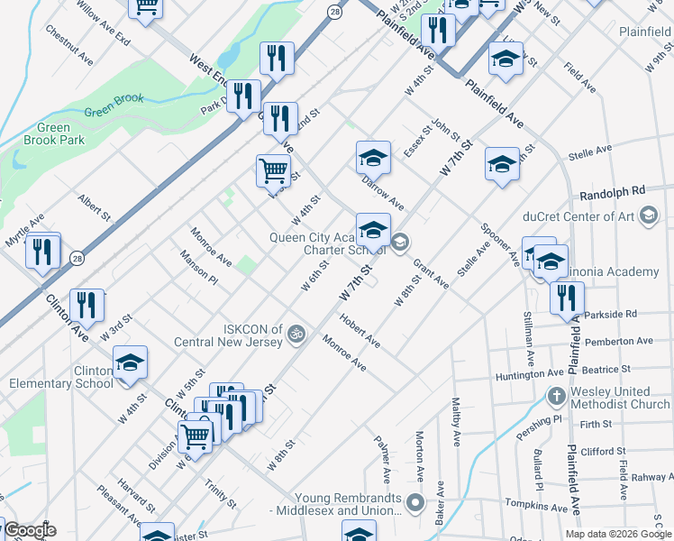 map of restaurants, bars, coffee shops, grocery stores, and more near 900 West 7th Street in Plainfield