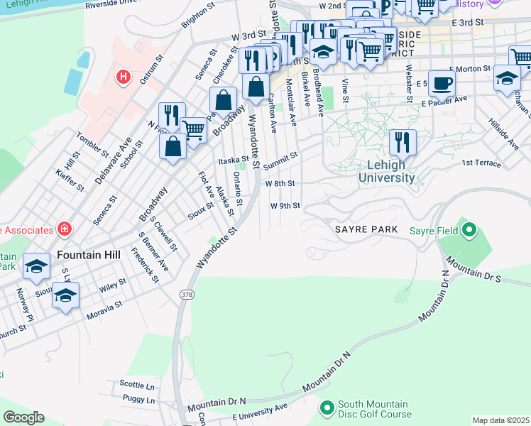 map of restaurants, bars, coffee shops, grocery stores, and more near 408 West 9th Street in Bethlehem