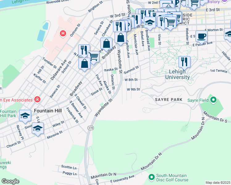 map of restaurants, bars, coffee shops, grocery stores, and more near 907 Wyandotte Street in Bethlehem