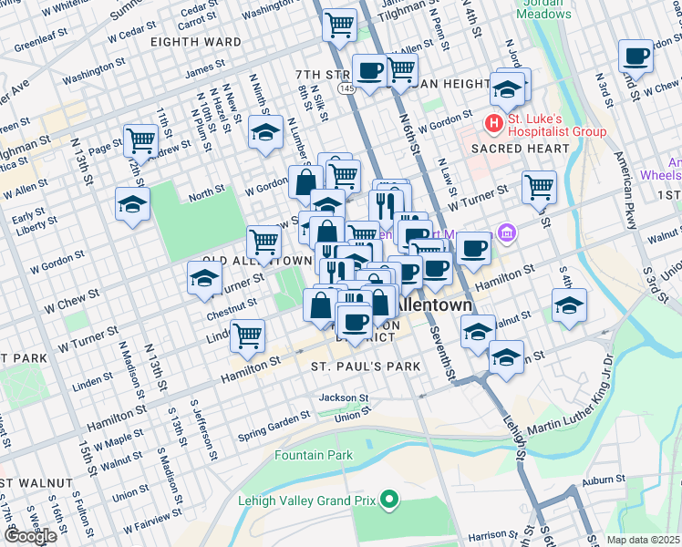 map of restaurants, bars, coffee shops, grocery stores, and more near 824 Chestnut Street in Allentown
