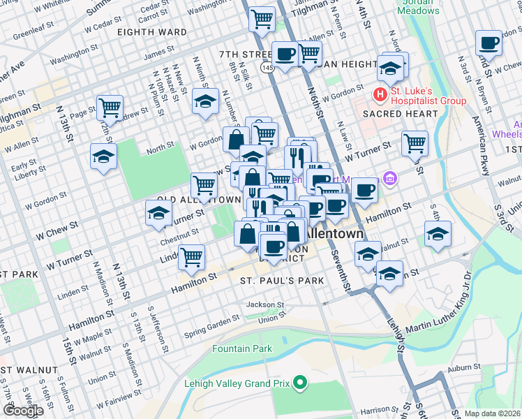 map of restaurants, bars, coffee shops, grocery stores, and more near 824 Chestnut Street in Allentown