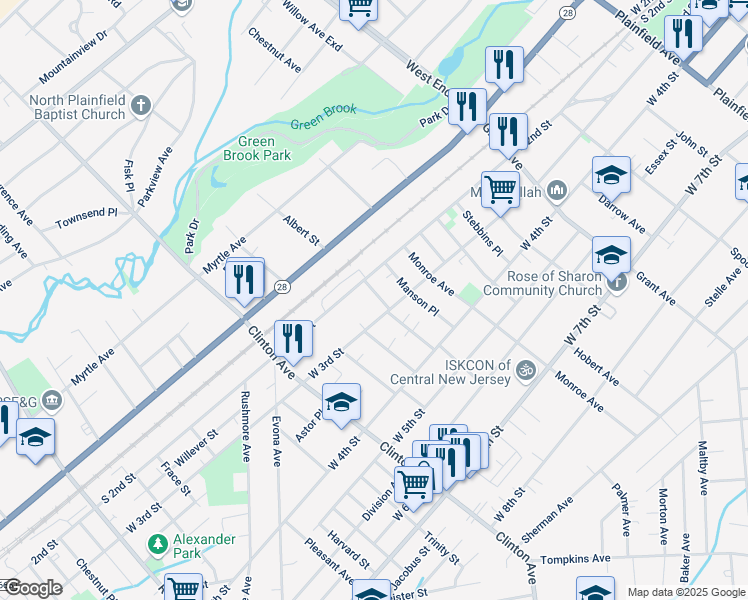 map of restaurants, bars, coffee shops, grocery stores, and more near 220 Morris Street in Plainfield
