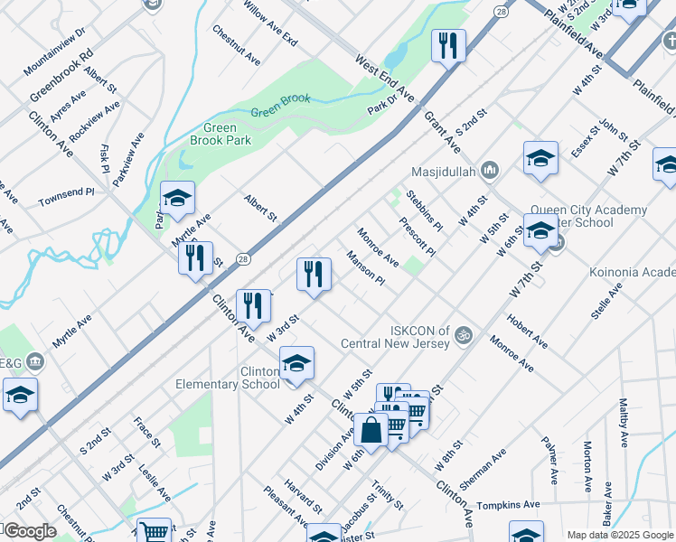 map of restaurants, bars, coffee shops, grocery stores, and more near 229 Morris Street in Plainfield