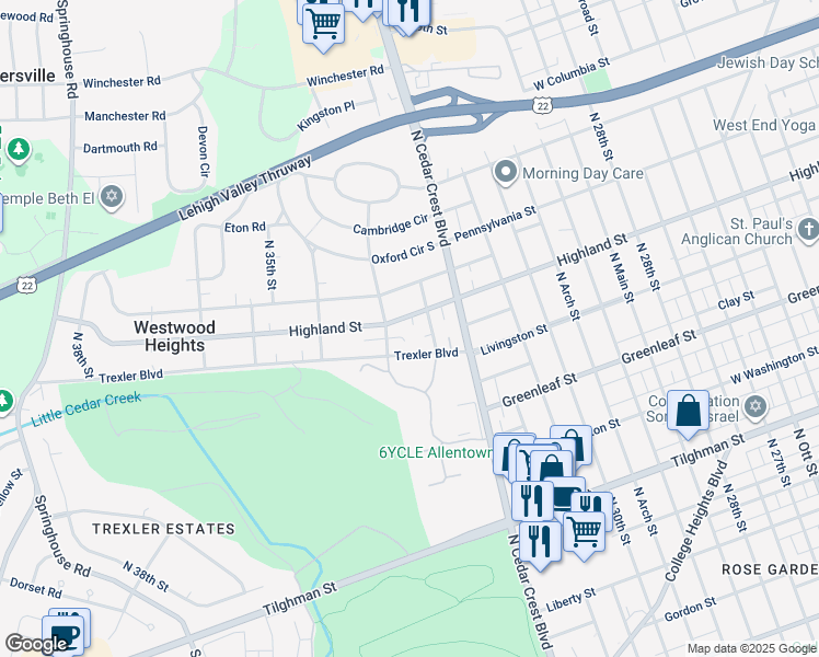 map of restaurants, bars, coffee shops, grocery stores, and more near 3220 West Highland Street in Allentown