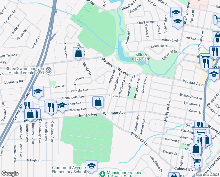 map of restaurants, bars, coffee shops, grocery stores, and more near 231 Dukes Road in Rahway