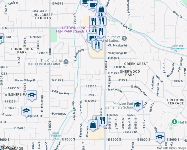 map of restaurants, bars, coffee shops, grocery stores, and more near 1178 East Cottonwood Hills Drive in Sandy