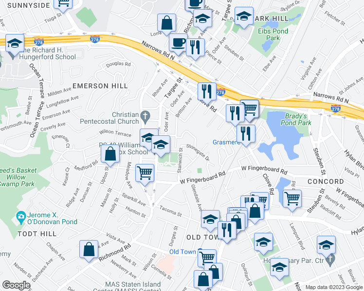 map of restaurants, bars, coffee shops, grocery stores, and more near 587 Oder Avenue in Staten Island