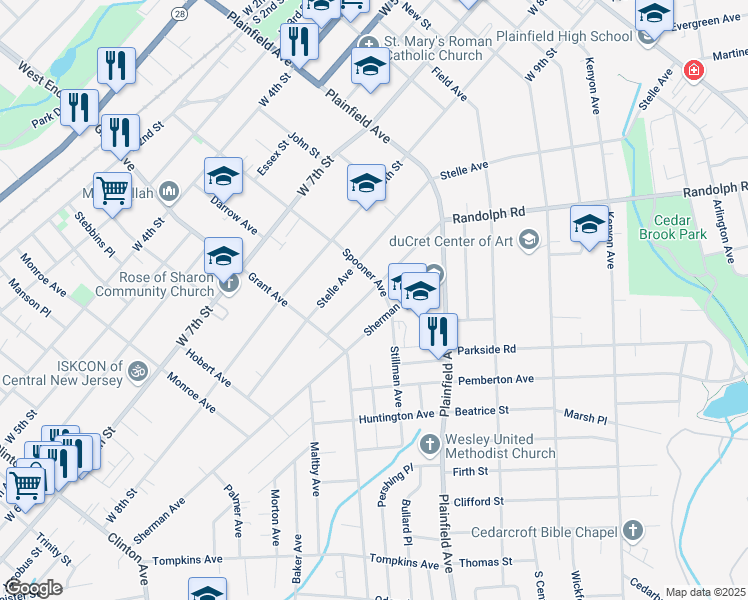 map of restaurants, bars, coffee shops, grocery stores, and more near 701 Sheridan Avenue in Plainfield