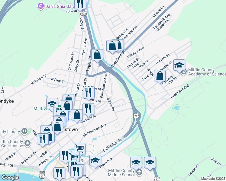 map of restaurants, bars, coffee shops, grocery stores, and more near Railroad Street in Lewistown