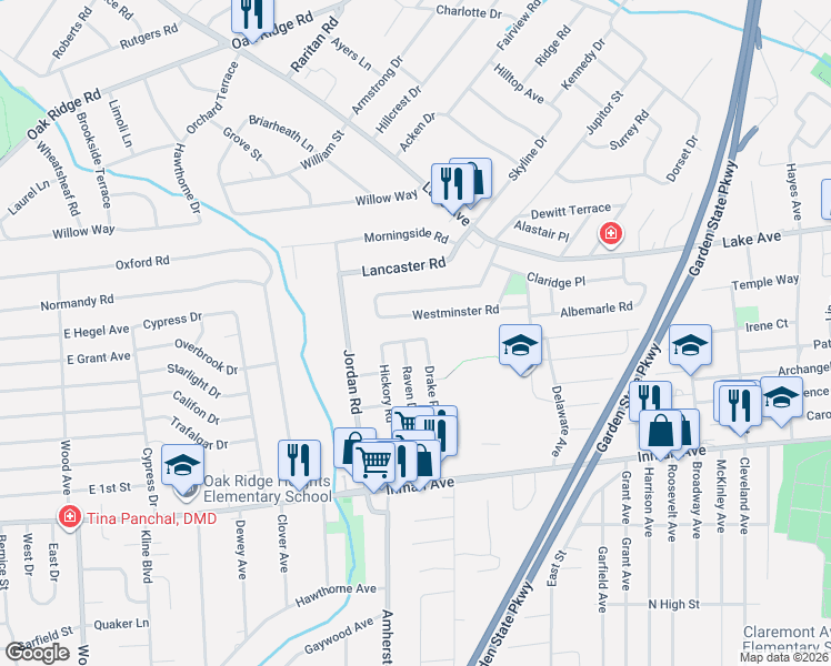 map of restaurants, bars, coffee shops, grocery stores, and more near 10 Spencer Avenue in Woodbridge Township