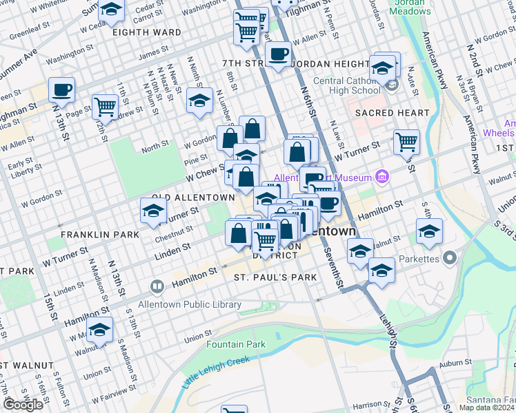 map of restaurants, bars, coffee shops, grocery stores, and more near 826 Chestnut Street in Allentown