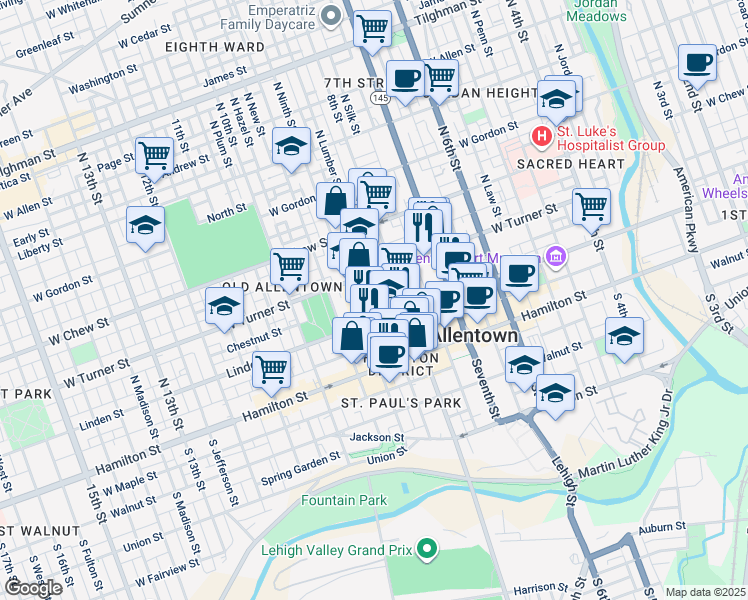 map of restaurants, bars, coffee shops, grocery stores, and more near 824 Chestnut Street in Allentown