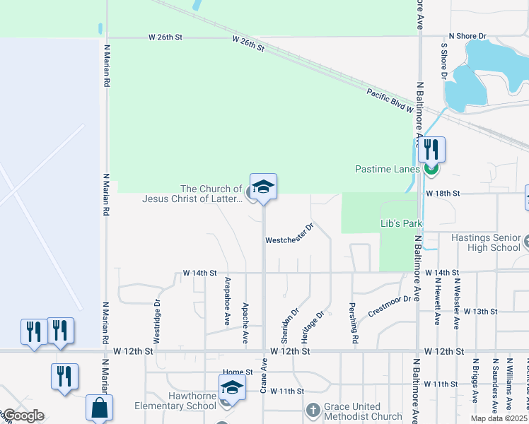 map of restaurants, bars, coffee shops, grocery stores, and more near 1720 Crane Ave in Hastings