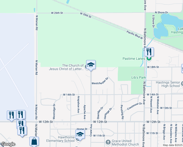 map of restaurants, bars, coffee shops, grocery stores, and more near 1720 Crane Avenue in Hastings