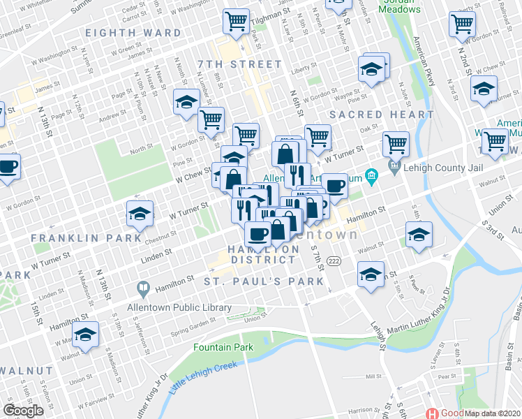 map of restaurants, bars, coffee shops, grocery stores, and more near 112 North 8th Street in Allentown