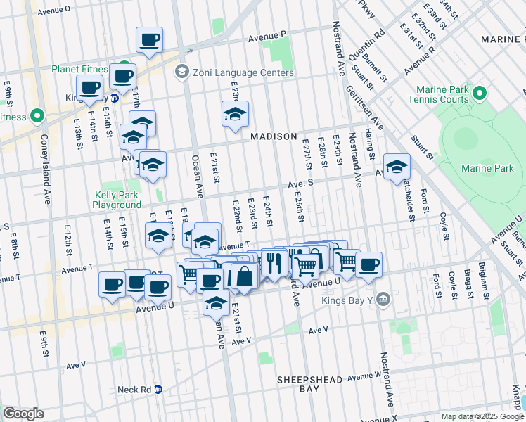 map of restaurants, bars, coffee shops, grocery stores, and more near 1940 East 24th Street in Brooklyn