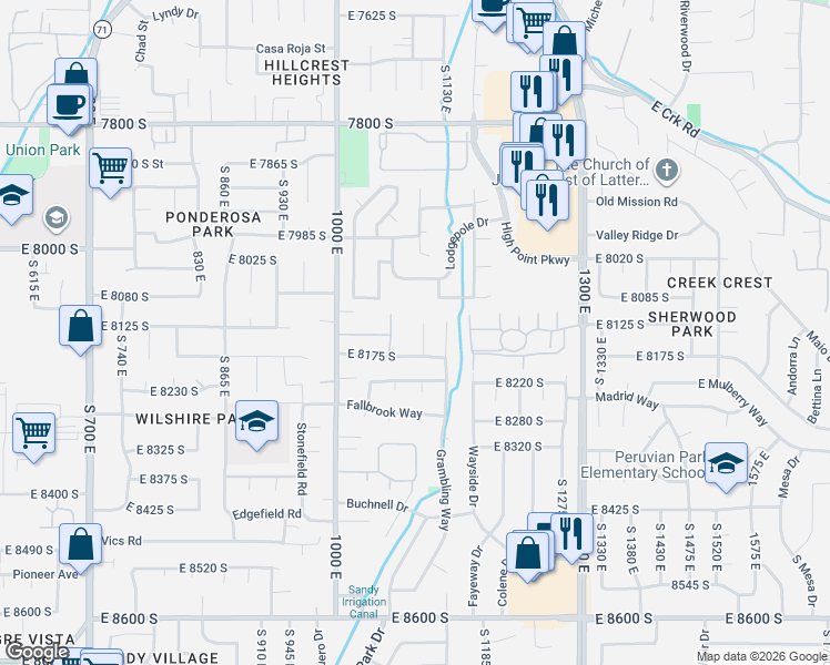 map of restaurants, bars, coffee shops, grocery stores, and more near 8142 Hidden Springs Cove in Sandy