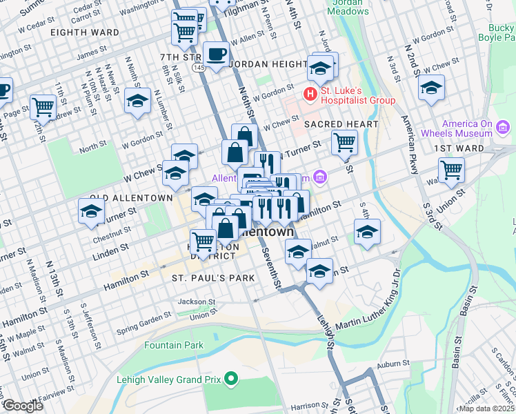 map of restaurants, bars, coffee shops, grocery stores, and more near 628W Linden Street in Allentown