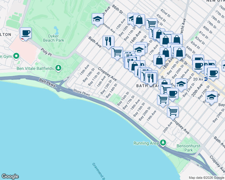 map of restaurants, bars, coffee shops, grocery stores, and more near 277 Bay 14th Street in Brooklyn