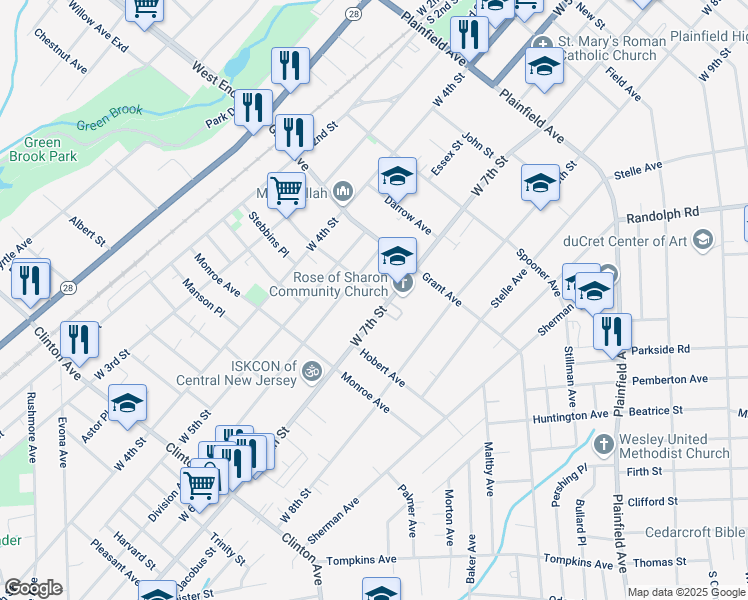 map of restaurants, bars, coffee shops, grocery stores, and more near 900 West 7th Street in Plainfield