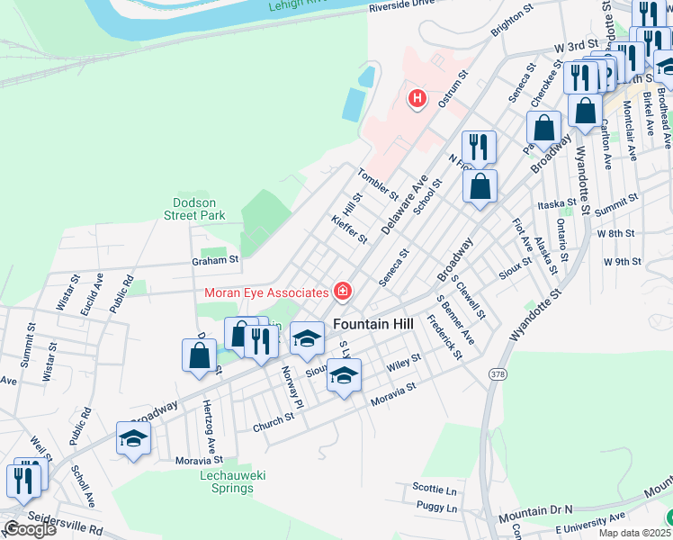 map of restaurants, bars, coffee shops, grocery stores, and more near 1123 Stanley Avenue in Fountain Hill