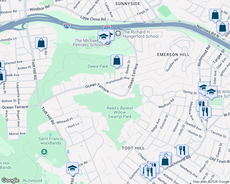 map of restaurants, bars, coffee shops, grocery stores, and more near 475 Ocean Terrace in Staten Island