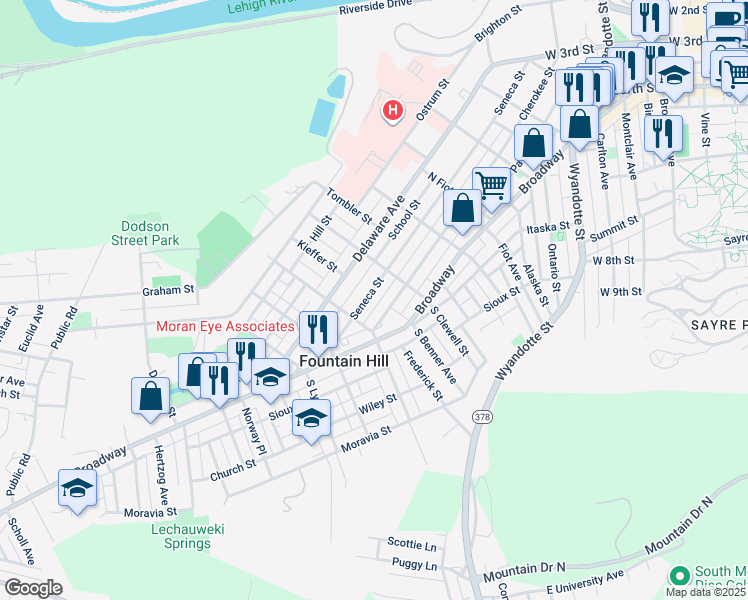 map of restaurants, bars, coffee shops, grocery stores, and more near 1036 Seneca Street in Fountain Hill