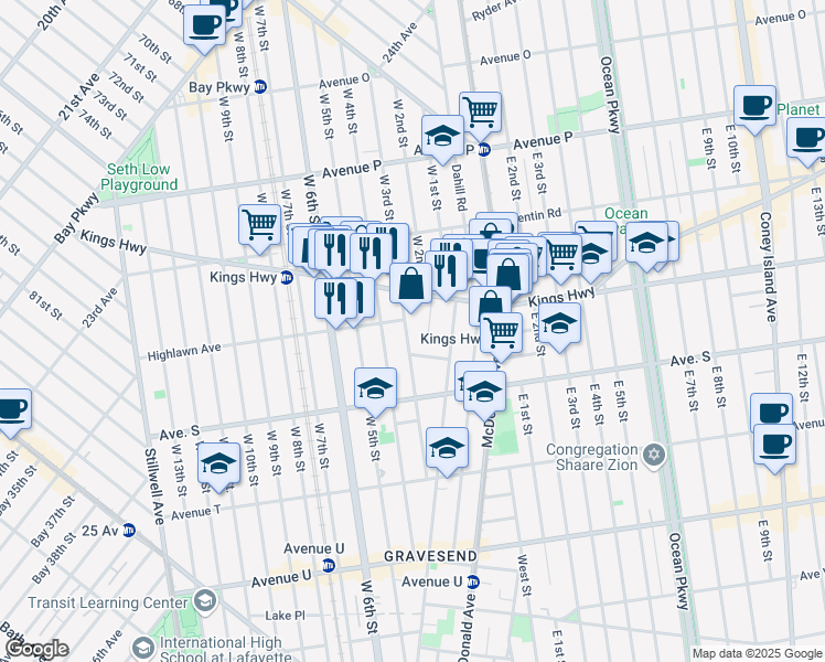 map of restaurants, bars, coffee shops, grocery stores, and more near 1809 West 3rd Street in Brooklyn