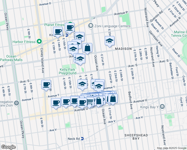 map of restaurants, bars, coffee shops, grocery stores, and more near 1915 East 19th Street in Brooklyn