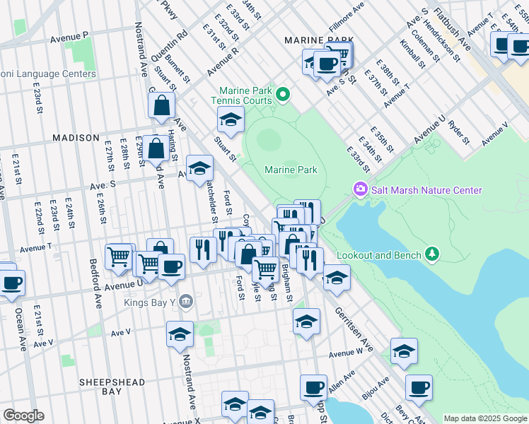 map of restaurants, bars, coffee shops, grocery stores, and more near 2101 Gerritsen Avenue in Brooklyn