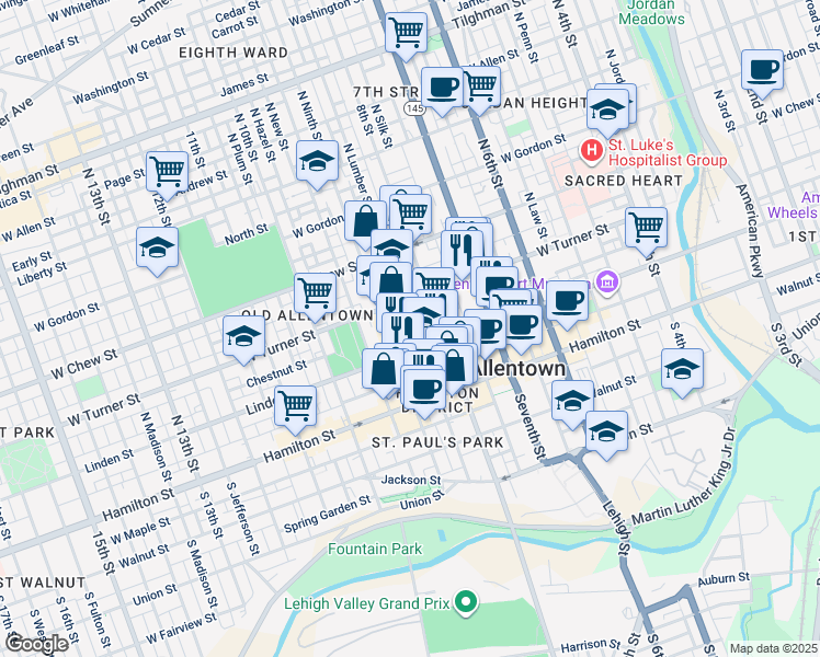 map of restaurants, bars, coffee shops, grocery stores, and more near 826 Chestnut Street in Allentown