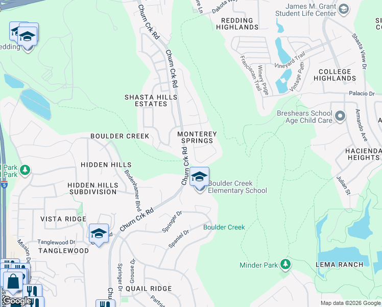 map of restaurants, bars, coffee shops, grocery stores, and more near 812 Fountain Circle in Redding